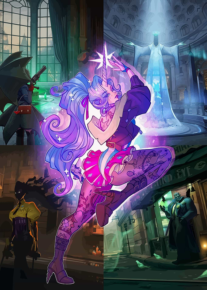 Fantasy Character Collage with Magical Unicorn