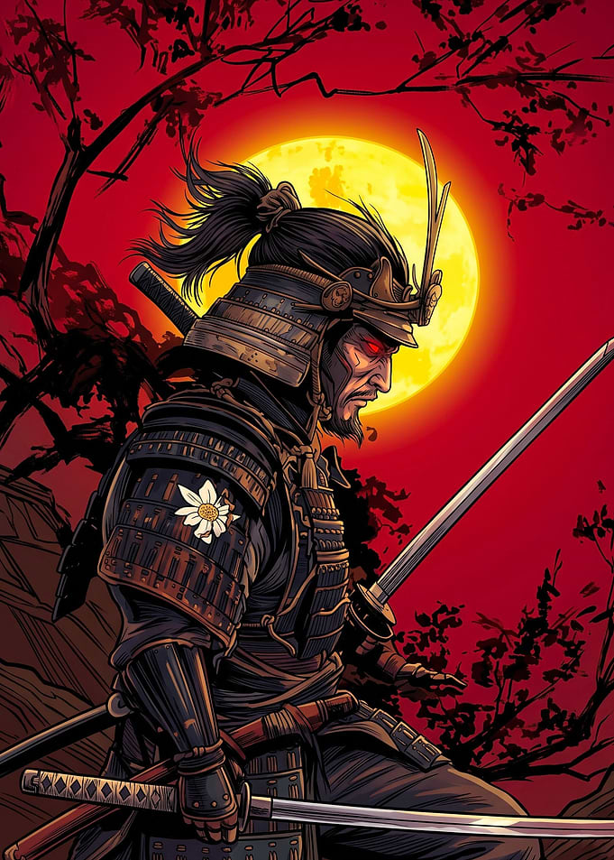 Samurai Warrior Under Red Moon