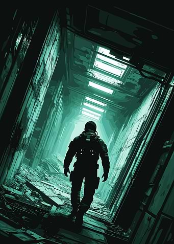 Astronaut Walking Through Ruined Corridor