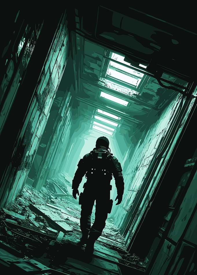 Astronaut Walking Through Ruined Corridor