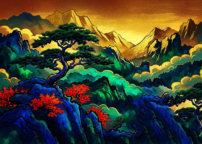 Vibrant Japanese Mountain Landscape Art