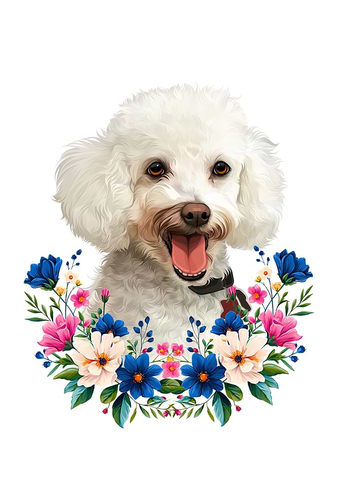 Happy White Poodle Floral Portrait