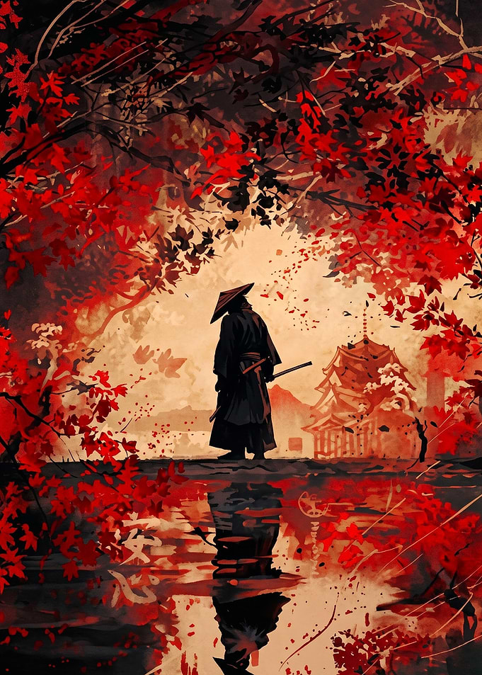 Samurai Standing Under Red Maple Trees