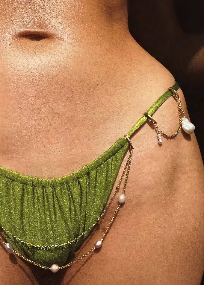 Green Bikini with Pearl Chain Detail