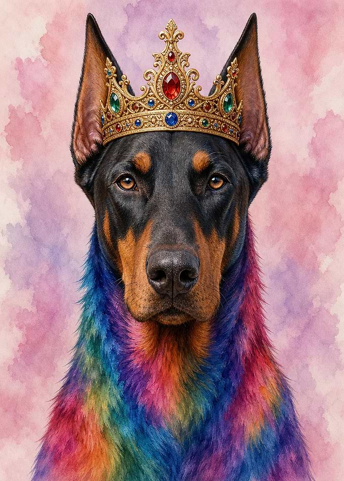 Doberman Wall Art — Regal Rainbow Portrait with Gold Crown