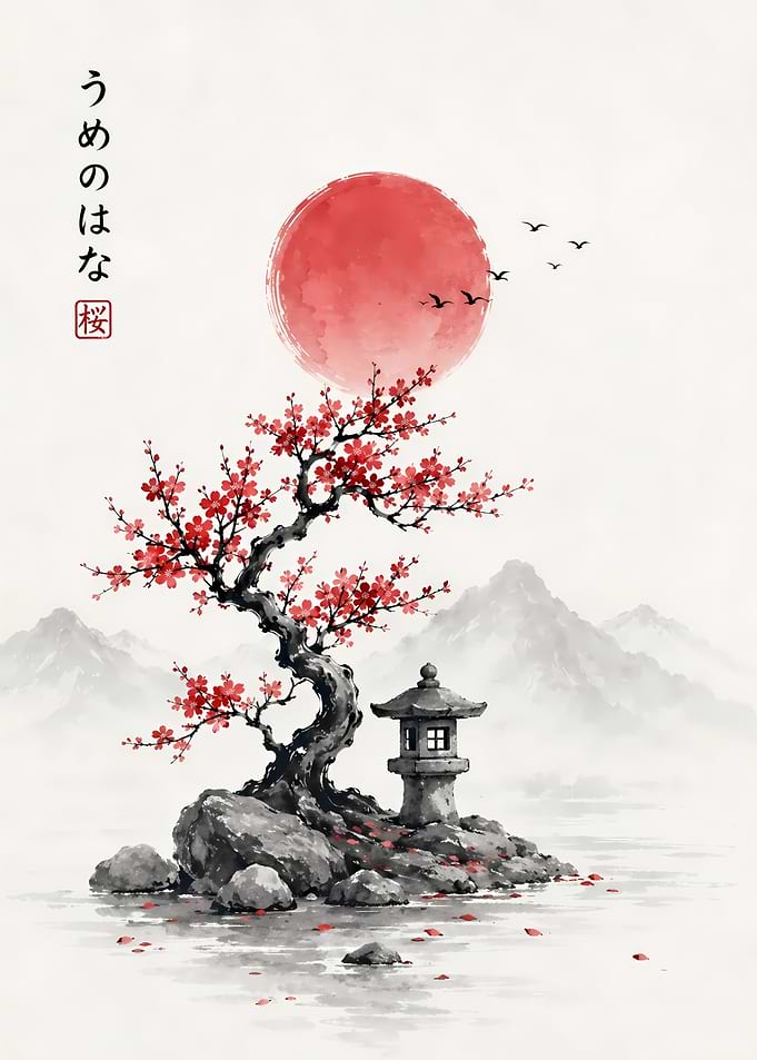 Japanese Plum Blossom and Stone Lantern