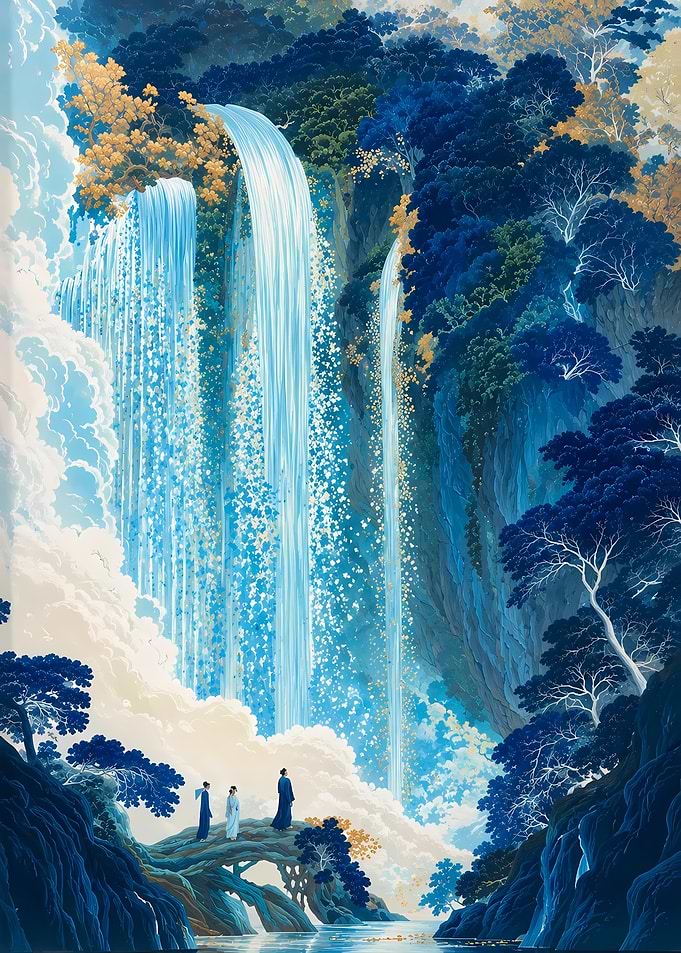 Ethereal Waterfall Landscape with Figures