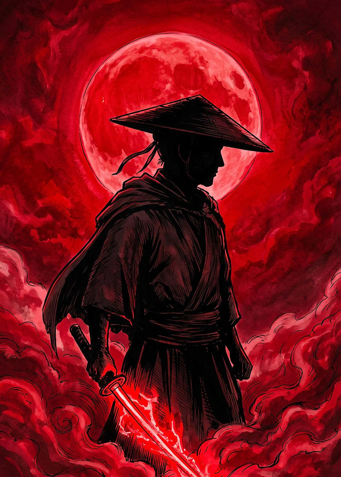 Samurai Warrior Under Red Moon