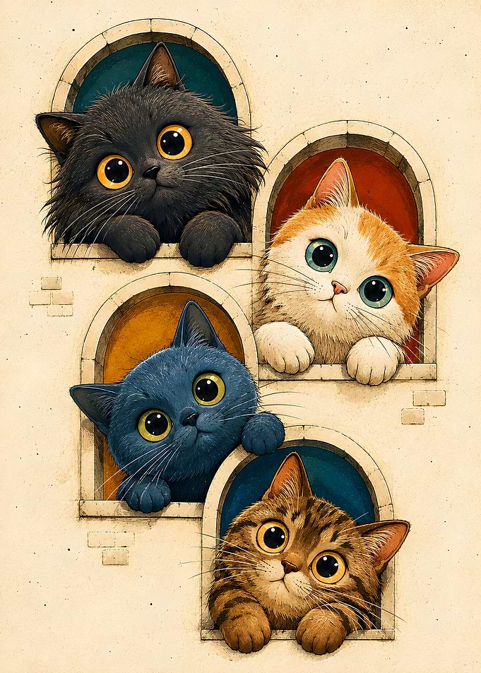 Stack of Cute Cartoon Cats