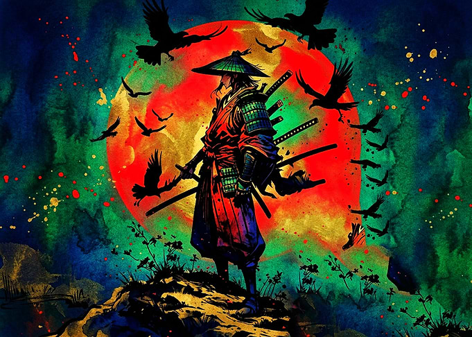 Samurai Standing Before Red Moon