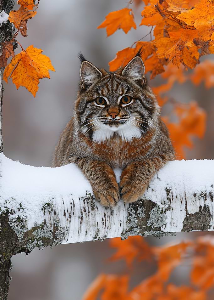 Lynx resting on snowy tree branch