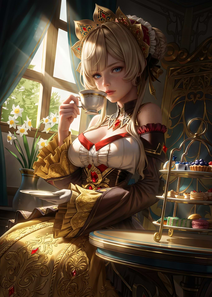 Elegant Noblewoman Enjoying Afternoon Tea