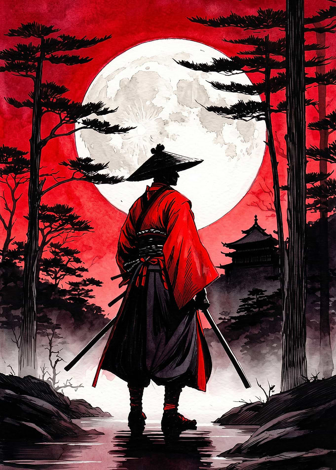 Samurai Standing Before Red Moon