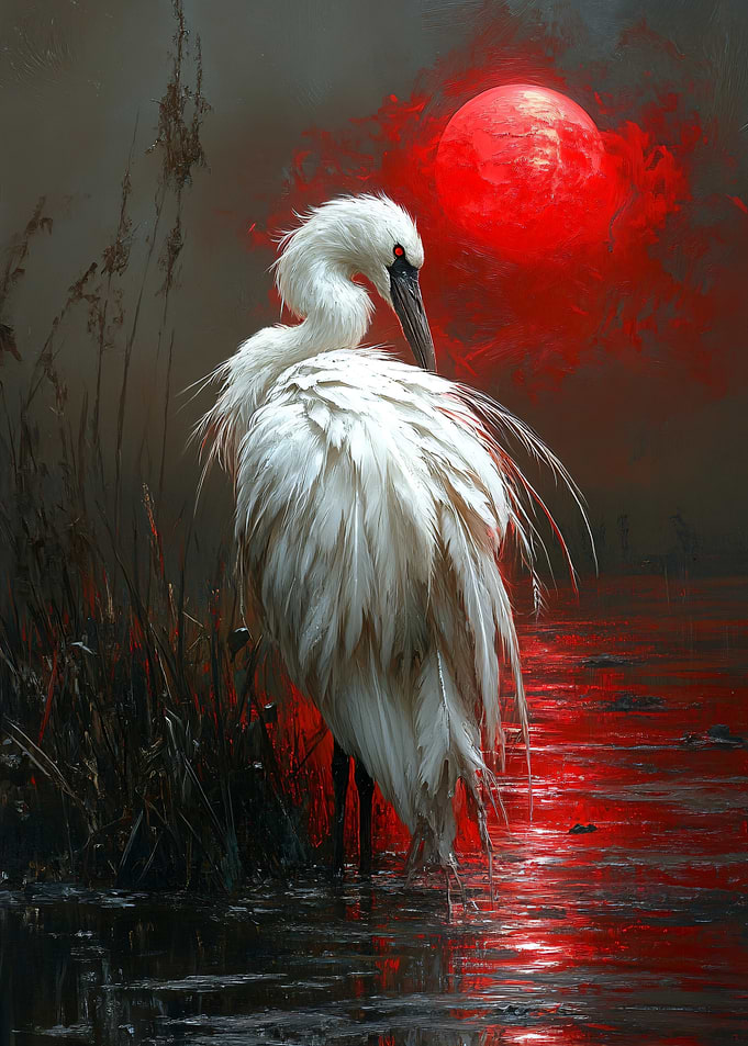 White Heron Under Red Moon
