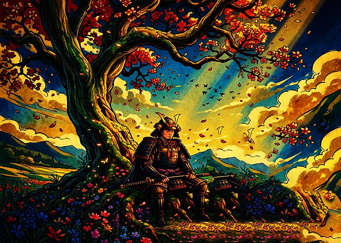 Samurai Meditating Under Cherry Blossom Tree