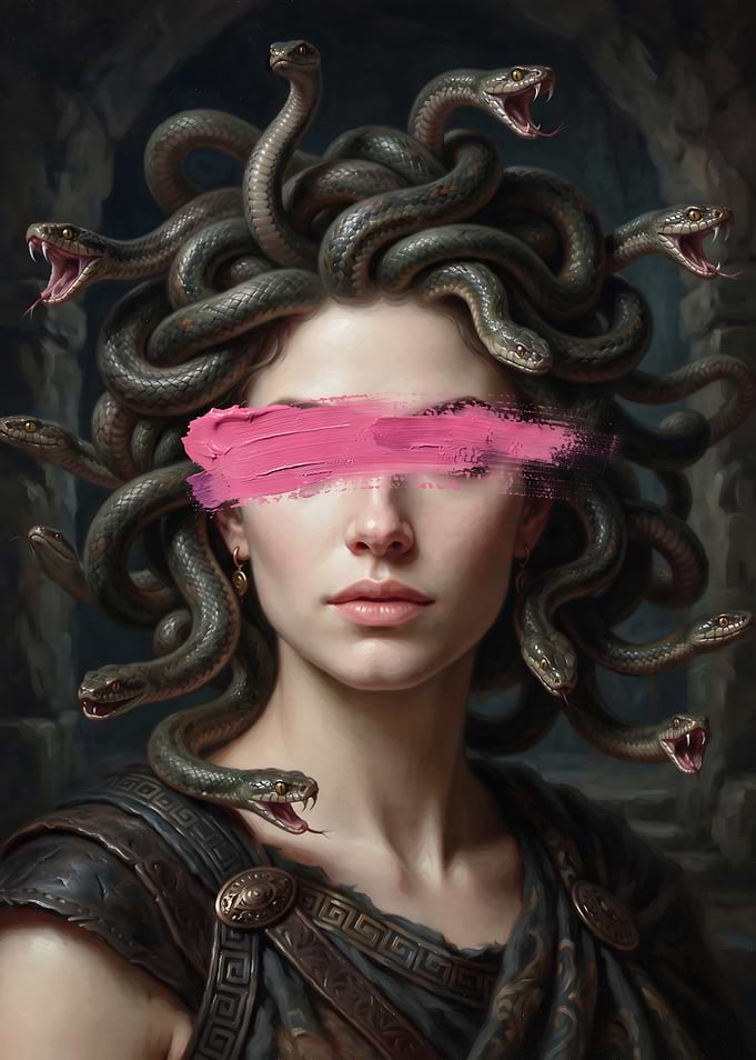 Medusa Portrait with Pink Brushstroke
