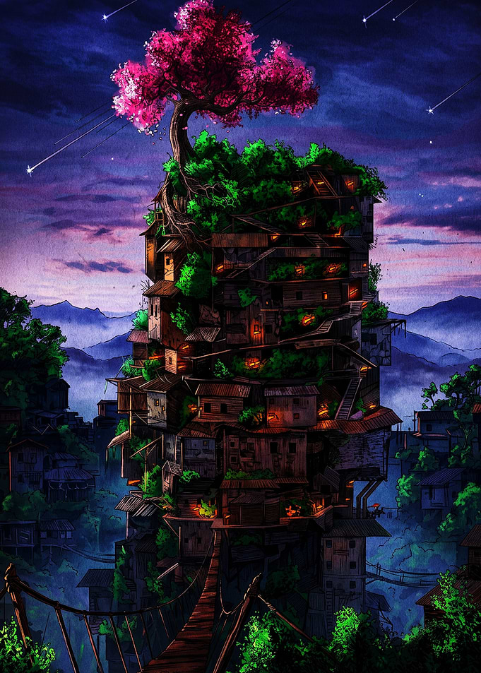 Fantasy Treehouse Village at Night