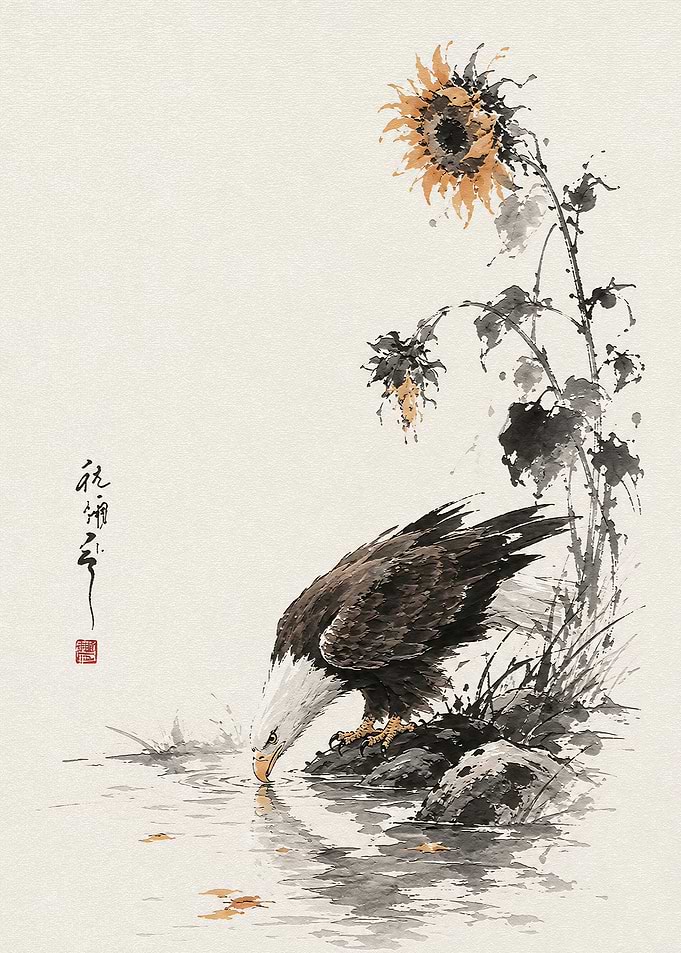 Bald Eagle Drinking by Sunflower