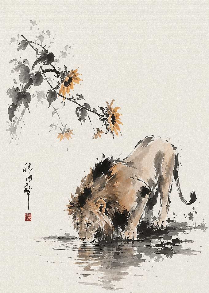 Lion Drinking Water Ink Wash Painting
