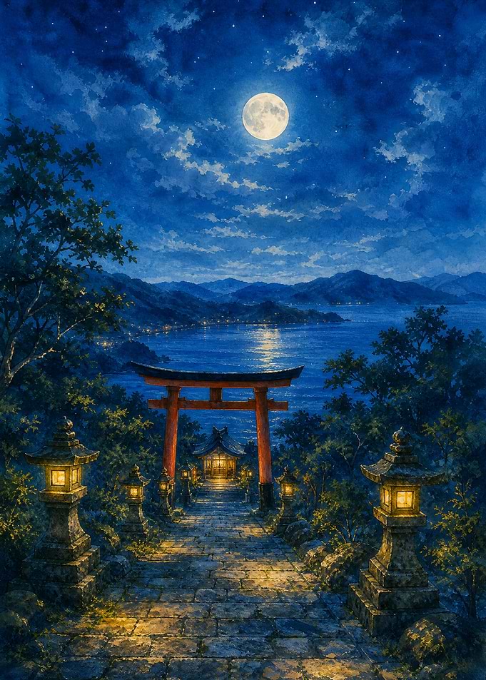 Moonlit Japanese Torii Gate Path