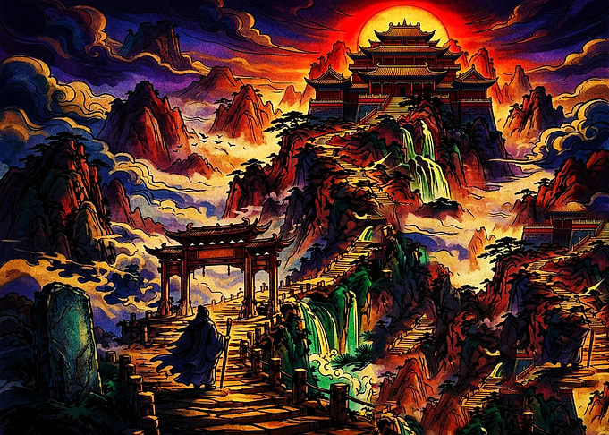 Mystical Mountain Temple at Sunset