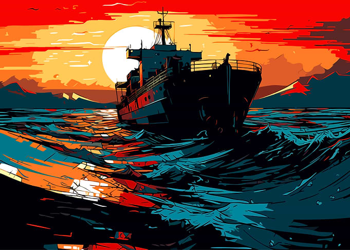 Ship Sailing at Sunset Illustration