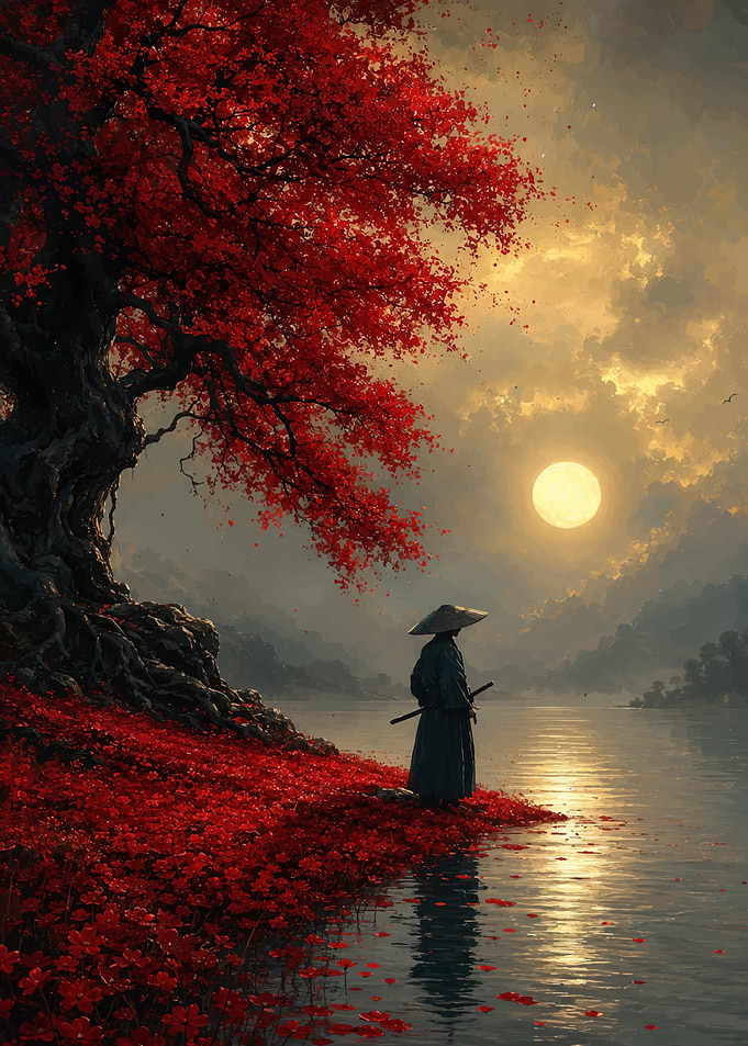 Samurai Standing Under Red Tree