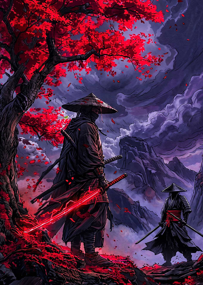 Samurai Warriors Under Red Maple Tree