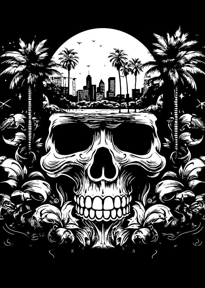 Tropical Cityscape Skull Illustration