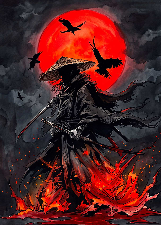 Samurai Warrior Under Red Moon