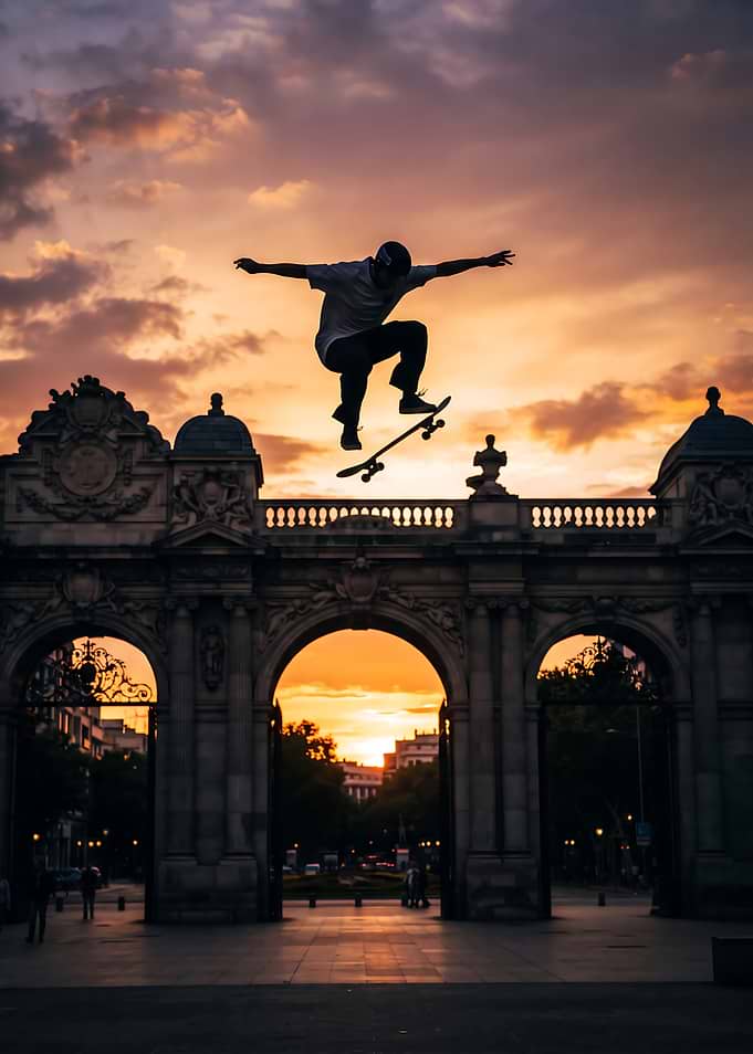 Skateboarder Jumping Against Sunset Arch
