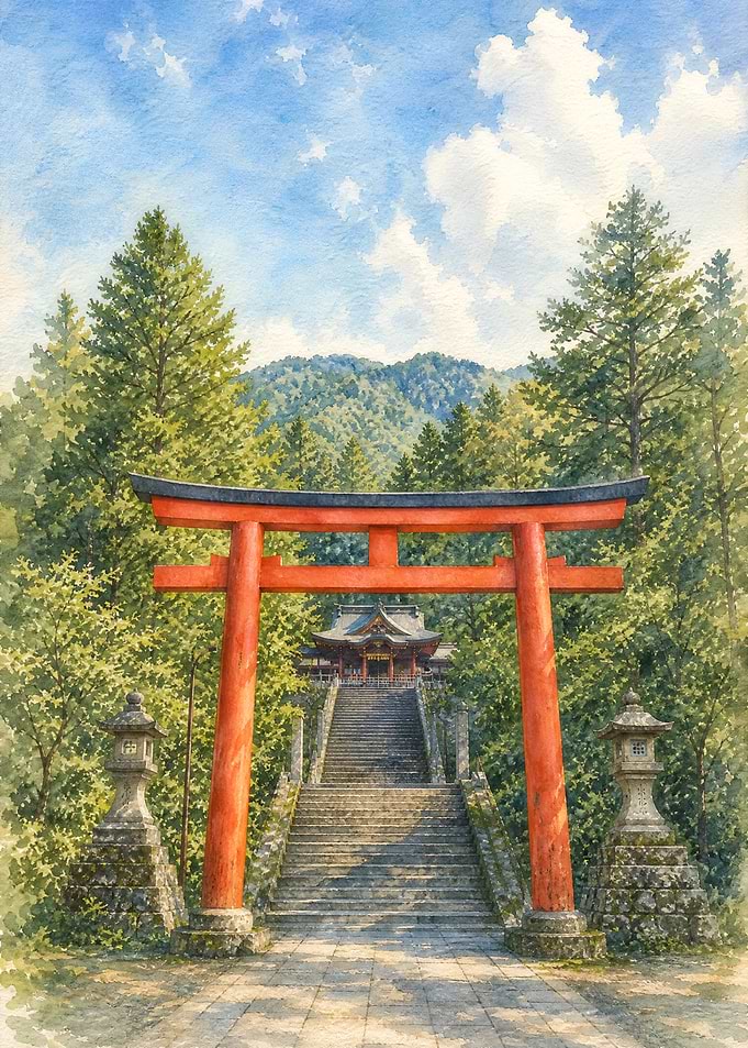 Watercolor Japanese Torii Gate and Shrine
