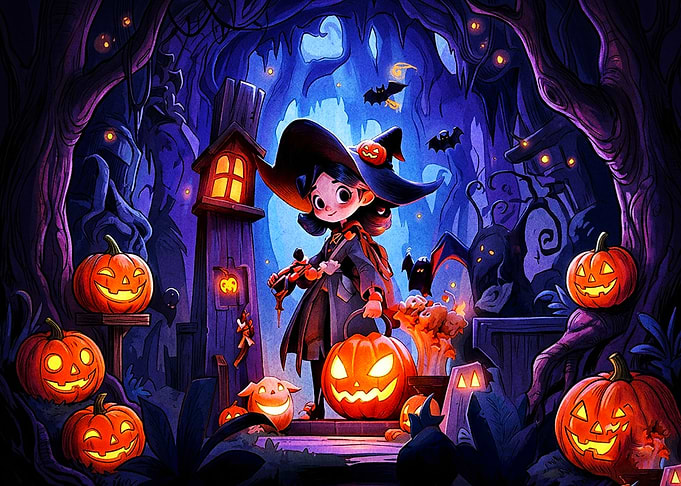 Cute Witch in Spooky Halloween Forest