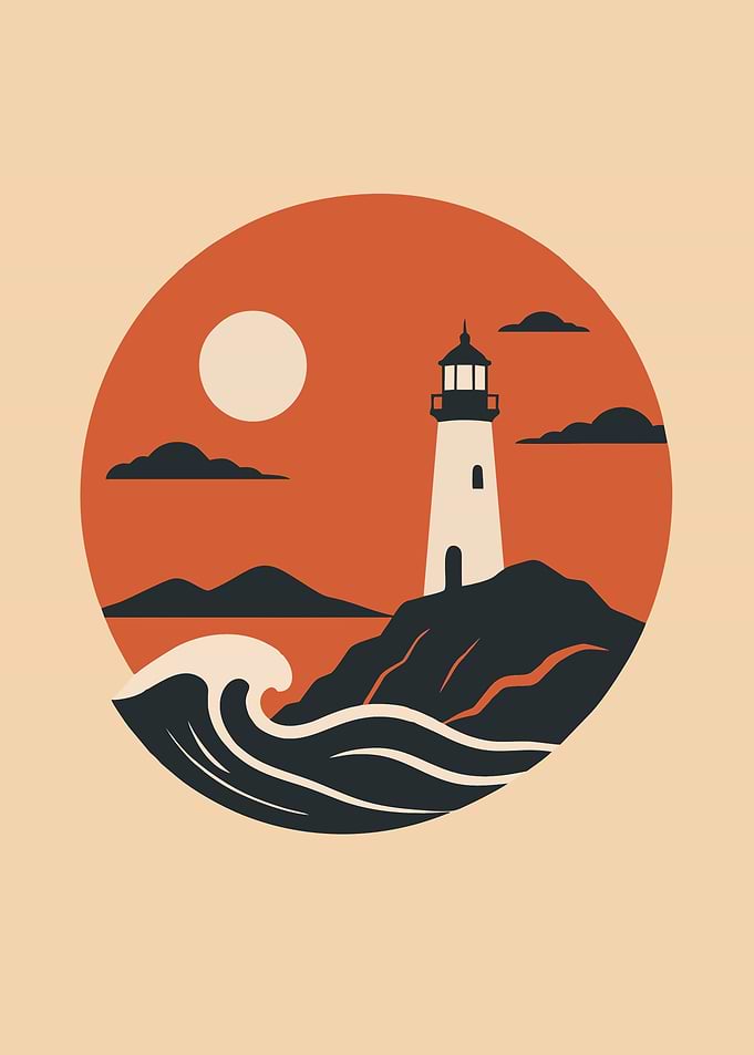 Minimalist Lighthouse Coastal Sunset Illustration