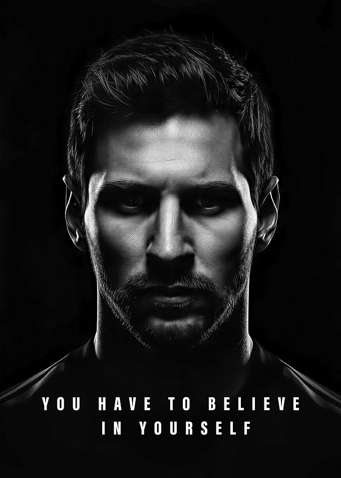 black and white Lionel Messi Motivational Portrait Poster