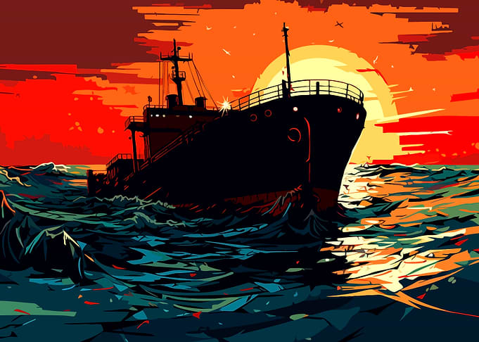 Ship Sailing at Sunset