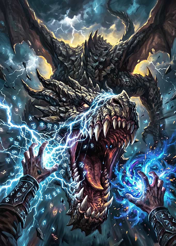 Mage Casting Spells Against Dragon