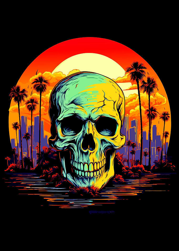 Retro Synthwave Skull Sunset Cityscape