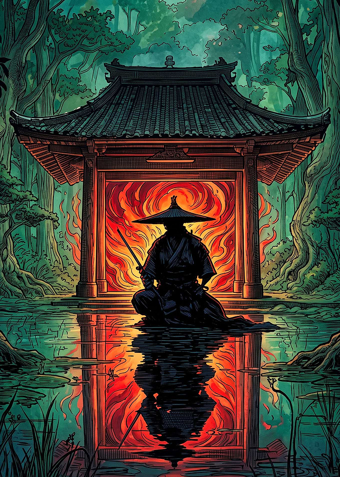 Samurai Silhouette Before Fiery Gate