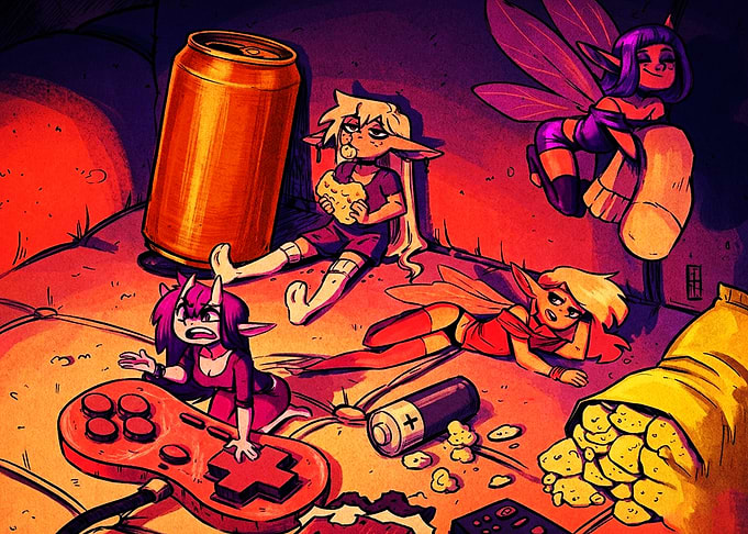 Fantasy Characters Gaming and Snacking