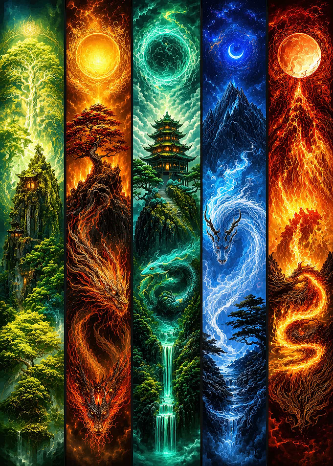 Five Elements Dragon Fantasy Art Panels