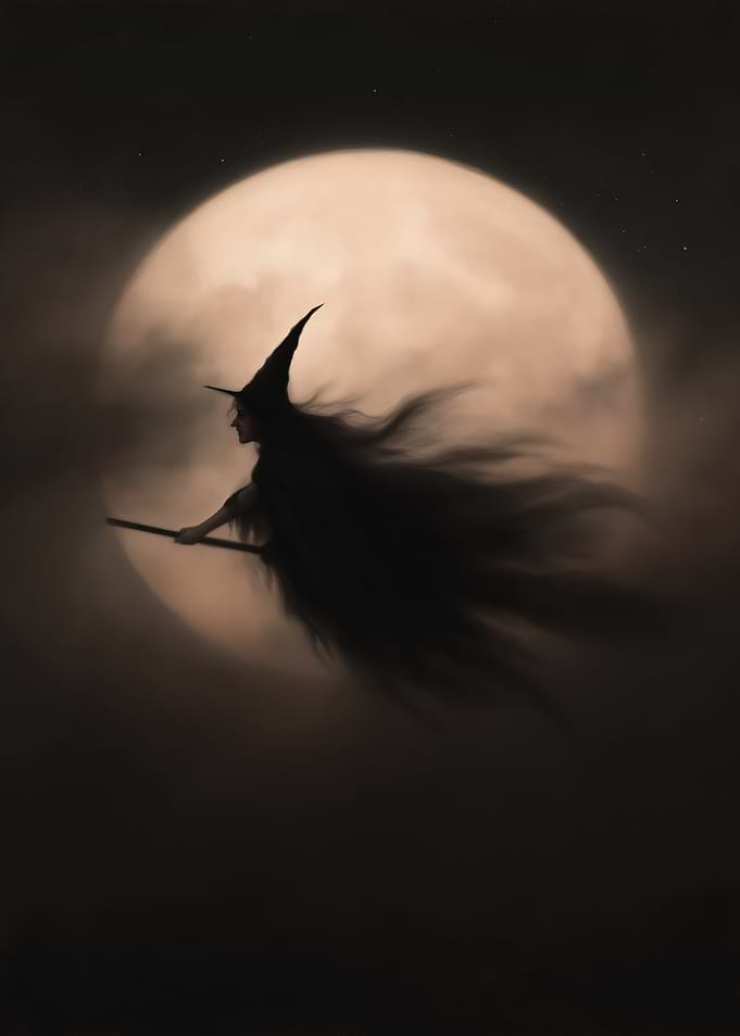 Witch Flying Past Full Moon