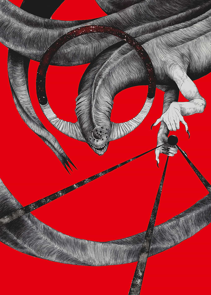Surreal Eldritch Creature on Red Background