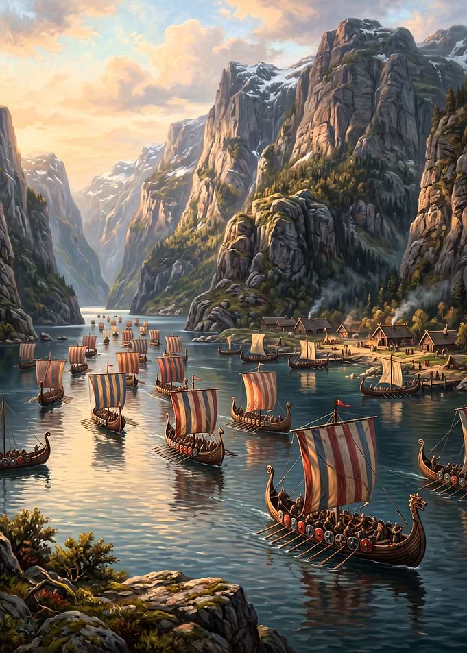 Viking Longships Sailing Through Fjord