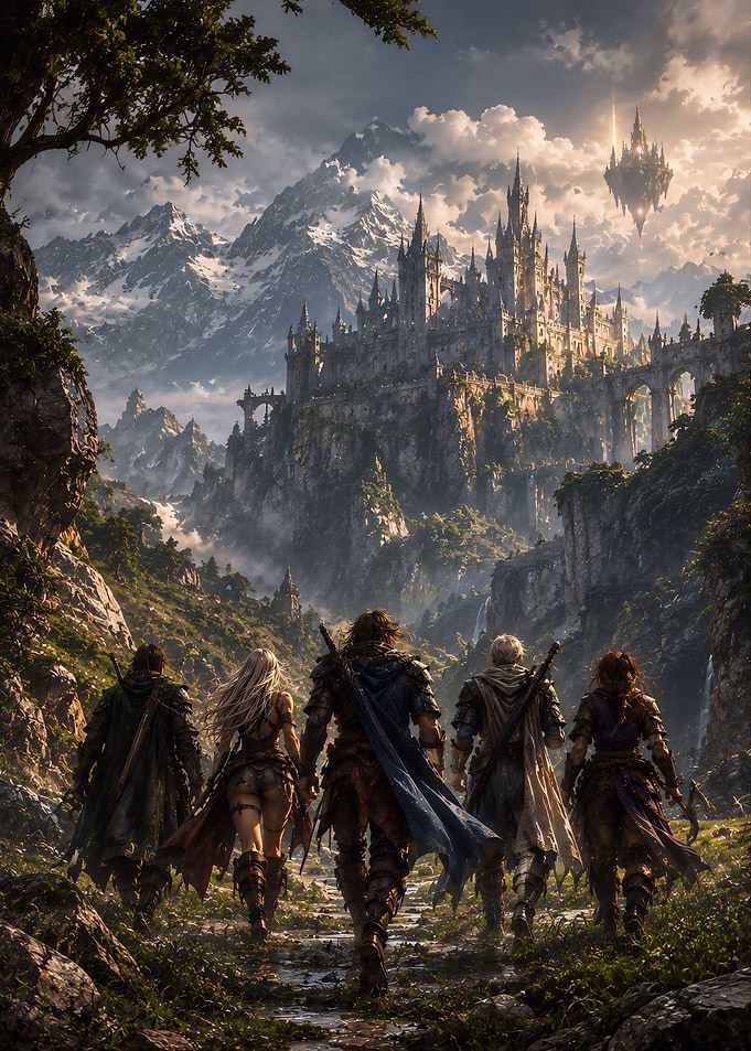 Adventurers Approaching a Majestic Mountain Castle