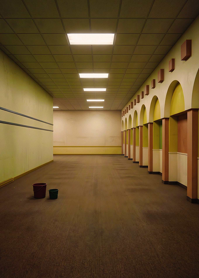 Empty Liminal Hallway with Buckets