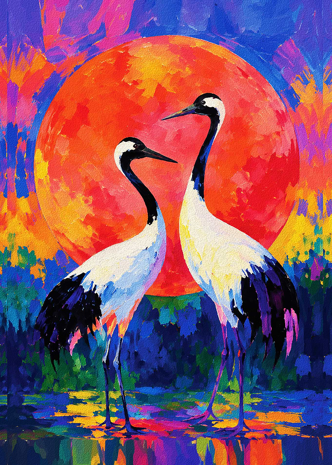 Vibrant Red Sun Crane Painting