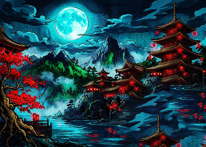 Moonlit Japanese Temple Landscape