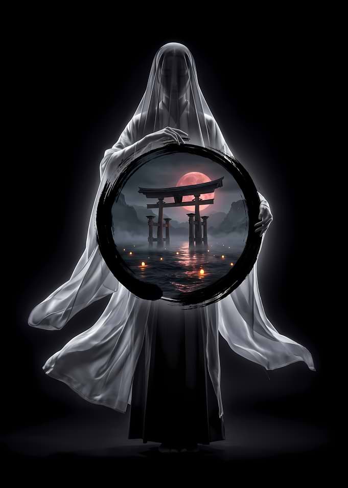 Mystical Figure Holding Torii Gate Portal
