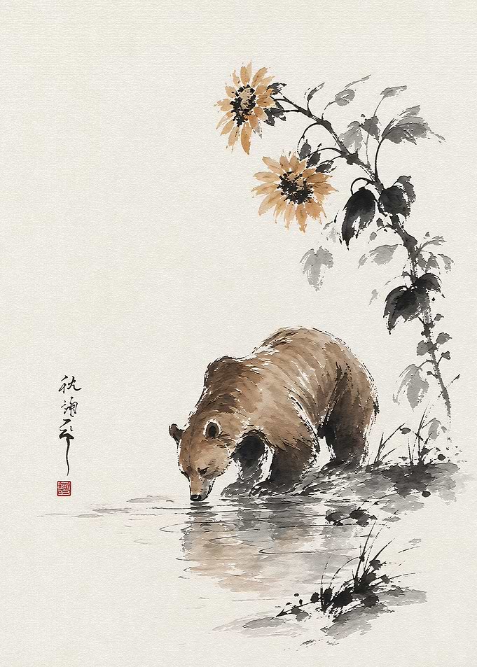 Bear Drinking by Sunflowers Ink Painting
